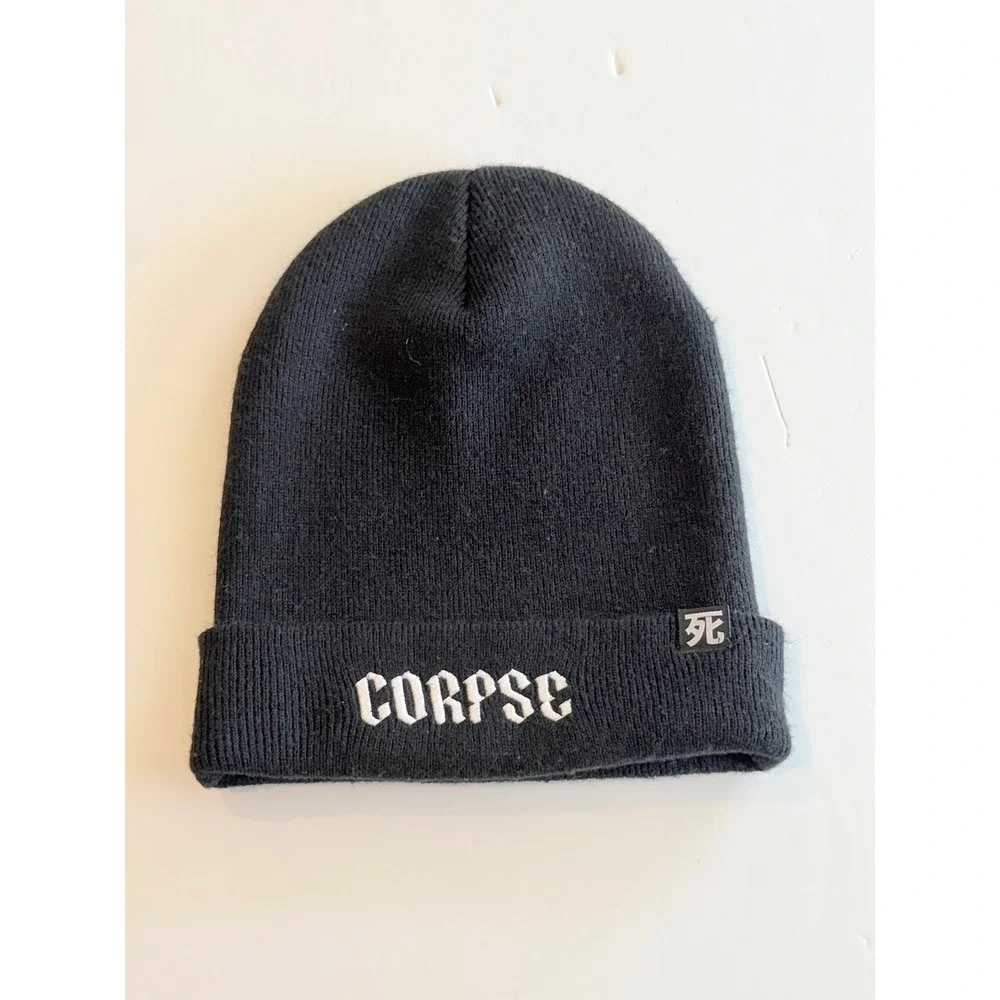 Corpse Husband Official Merch Black Knit Beanie Gothic Logo Kanji Tag Hat